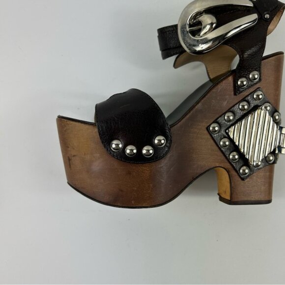 Rare Roberto Cavalli Brown Leather Embellished Buckle Detail Wedge - Picture 3 of 15